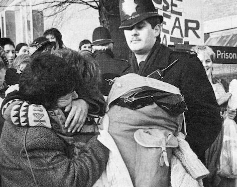 Women leaving Holloway Prison, Holloway, London, UK, March 1983. Unattributed photograph from “Greenham Women Everywhere” by Alice Cook and Gwyn Kirk, Pluto Press Limited, London, 1983.